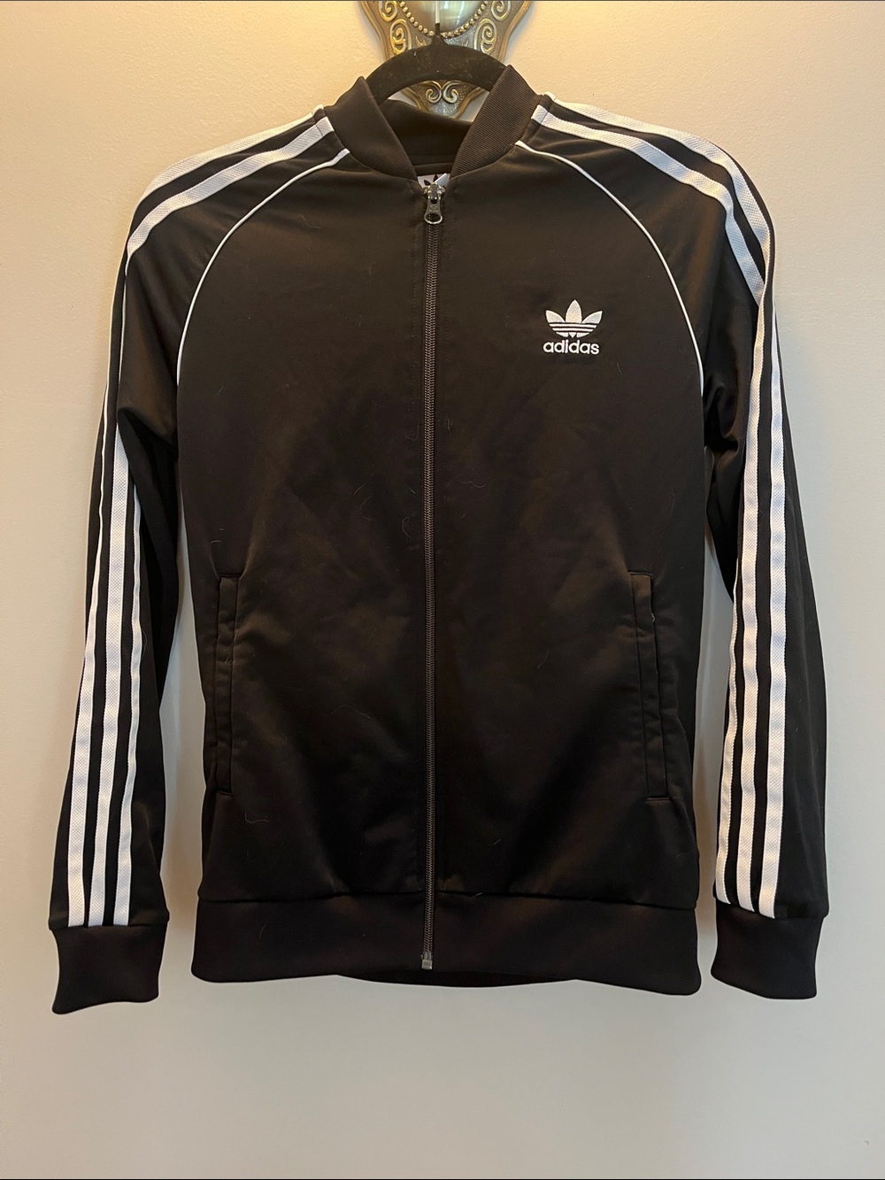 adidas Black and White Three-Stripe Track Jacket with Hidden Pockets